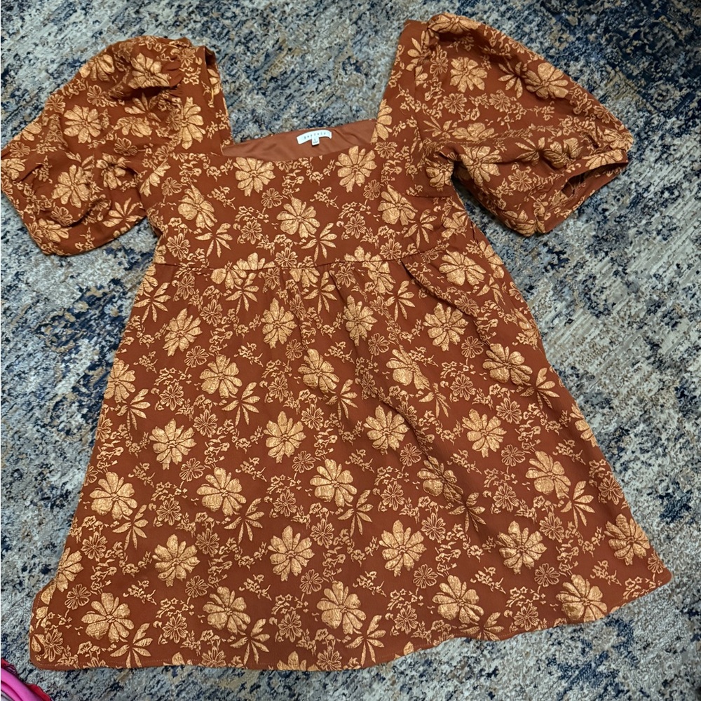 Puff Sleeve Holiday Charming Floral Gold Brown Floral Dress  Large